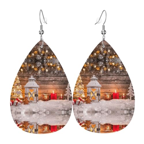 Frohe Weihnachten Holzbrett Kerze Hirsch Frauen tropfenförmige Leder-Ohrringe sind geeignet für Partys, Feiertagsfeiern und Geschenke., Einheitsgröße von Gongjuy