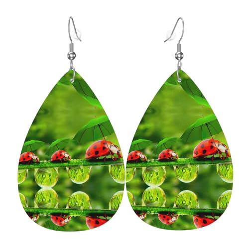 Lustige Marienkäfer halten Regenschirme Frauen tropfenförmige Leder-Ohrringe sind geeignet für Partys, Urlaubspartys und Geschenke., Einheitsgröße von Gongjuy