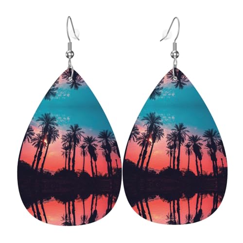 Palmen-Sonnenuntergang Damen tropfenförmige Leder-Ohrringe sind geeignet für Partys, Urlaubspartys und Geschenke., Einheitsgröße von Gongjuy