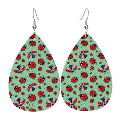 Rote Marienkäfer auf blauem Hintergrund. Die tropfenförmigen Leder-Ohrringe für Damen sind geeignet für Partys, Urlaubspartys und Geschenke., Einheitsgröße von Gongjuy
