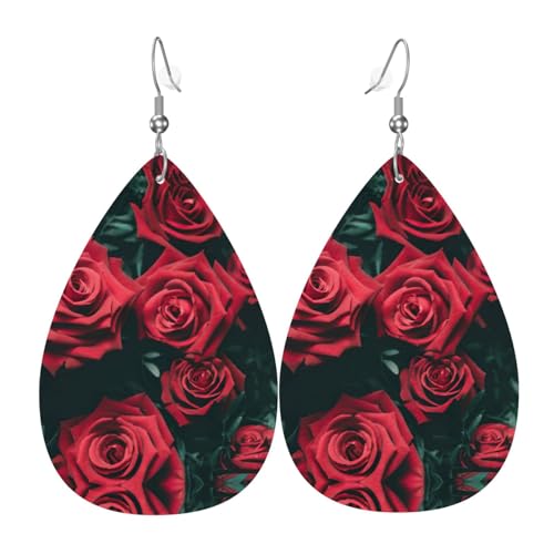 Rote Rose Damen-Ohrhänger aus Leder in Tropfenform sind geeignet für Partys, Feiertagsfeiern und Geschenke., Einheitsgröße von Gongjuy