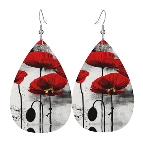 Schöne Damen-Ohrringe aus Leder mit Mohnblumen-Tinte sind geeignet für Partys, Urlaubspartys und Geschenke., Einheitsgröße von Gongjuy