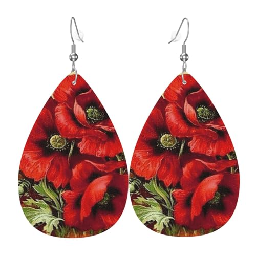 Schöne rote Mohnblumen-Damen-Ohrringe in Tropfenform aus Leder sind geeignet für Partys, Urlaubspartys und Geschenke., Einheitsgröße von Gongjuy