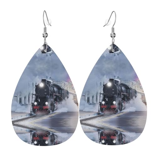Steam Train Depart Sunset Damen-Ohrhänger aus Leder in Tropfenform sind geeignet für Partys, Urlaubspartys und Geschenke., Einheitsgröße von Gongjuy