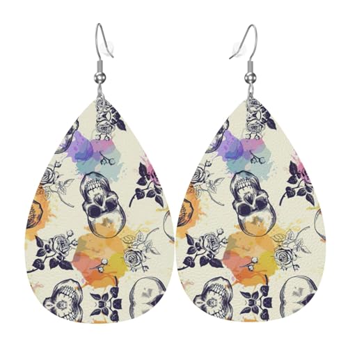 Totenkopf-Blumen-Damen-Ohrhänger aus Leder sind geeignet für Partys, Urlaubspartys und Geschenke., Einheitsgröße von Gongjuy