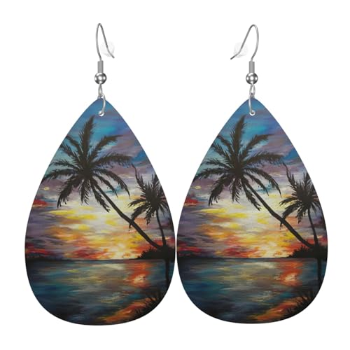 Tropischer Sonnenuntergang Damen Tropfenförmige Leder-Ohrringe sind geeignet für Partys, Feiertagsfeiern und Geschenke., Einheitsgröße von Gongjuy