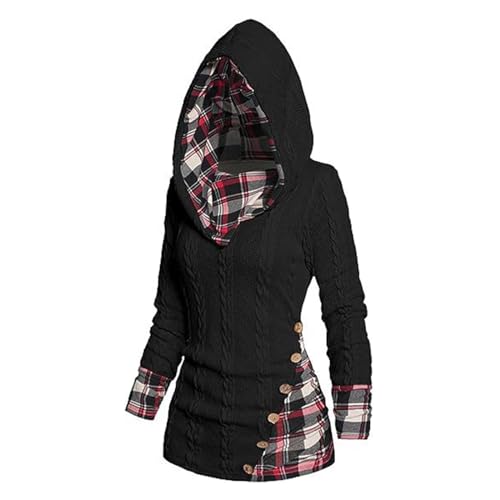 Goniome Hoodies Long Casual Pullover Sleeve Hooded Shirts Sweatshirts of Womens, Plaid Splicing Button Decor Cable Hoodie. (DE/NL/SE/PL, Alphanumerisch, XL, XXL, Regular, Regular, Black) von Goniome