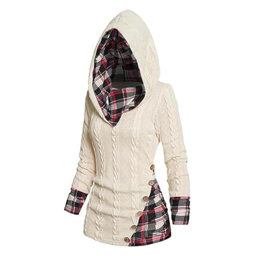 Goniome Hoodies Long Casual Pullover Sleeve Hooded Shirts Sweatshirts of Womens, Plaid Splicing Button Decor Cable Hoodie. (DE/NL/SE/PL, Alphanumerisch, XL, XXL, Regular, Regular, White) von Goniome