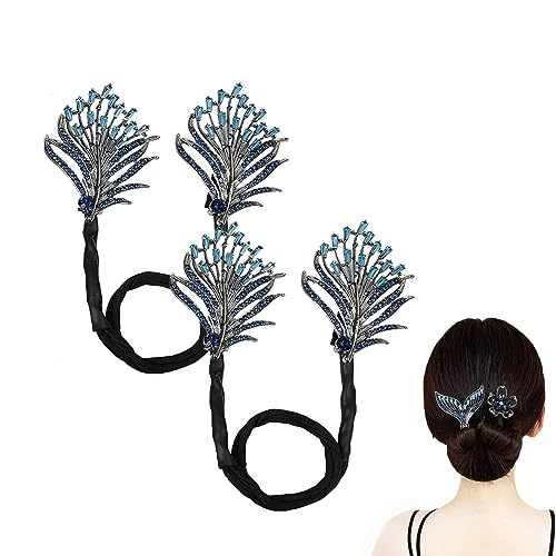 Whale Tail Rhinestone Flower Hair Clip,Lazy Hair Curler Deft Bun Maker, French Twist Bun Hairstyle Shaper, Ocean Blue Feather Hairpin for Hair Accessories for Women Girls (Feather - 2PCS) von Goniome