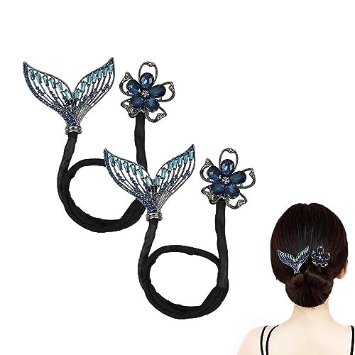 Whale Tail Rhinestone Flower Hair Clip,Lazy Hair Curler Deft Bun Maker, French Twist Bun Hairstyle Shaper, Ocean Blue Feather Hairpin for Hair Accessories for Women Girls (Whale - 2PCS) von Goniome