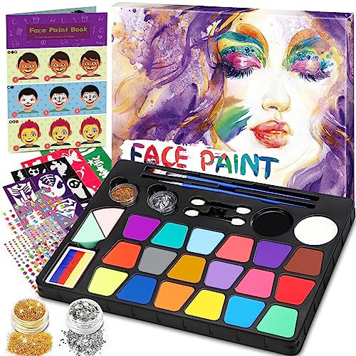 Gontence Kinderschminke Set - Schminke Kinder mit 20 Farben Pinsel Glitzer Make-Up-Schwamm Schablonen - Faschingsschminke Theaterschminke Karnevalsschminke - Halloween Fasching Karneval Schminke von Gontence