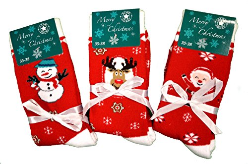 Good Deal Market 3 Paar kuschelige warme Damen-Socken Thermo Grössen 43 44 45 46 lieferbar Vollfrottee Wintersocke Strümpfe 43-46, Weihnachtssocken rot von Good Deal Market