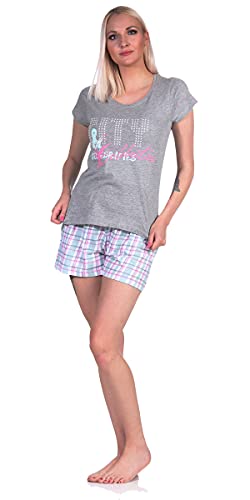 Good Deal Market Kurzer Damen-Pyjama Baumwolle Grösse 44-46, grau mit Karierter Hose kurzer Schlafanzug für Frauen kurz Kurze Hose Damen Shorty Baumwolle von Good Deal Market