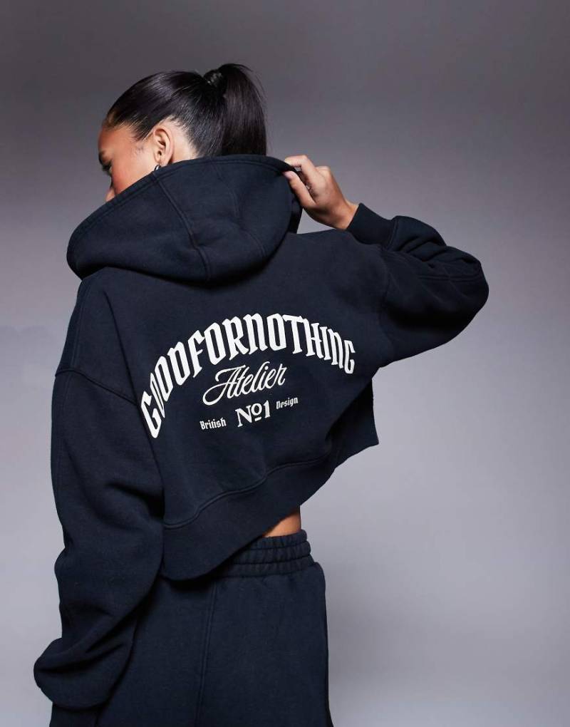 Good For Nothing - Kurze Kapuzenjacke in gebrochenem Schwarz mit Reißverschluss und Logo-Rückenprint, Kombiteil von Good For Nothing