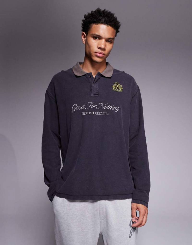 Good For Nothing - Langärmliges, kastiges Poloshirt in Schwarz mit Kontrastkragen von Good For Nothing