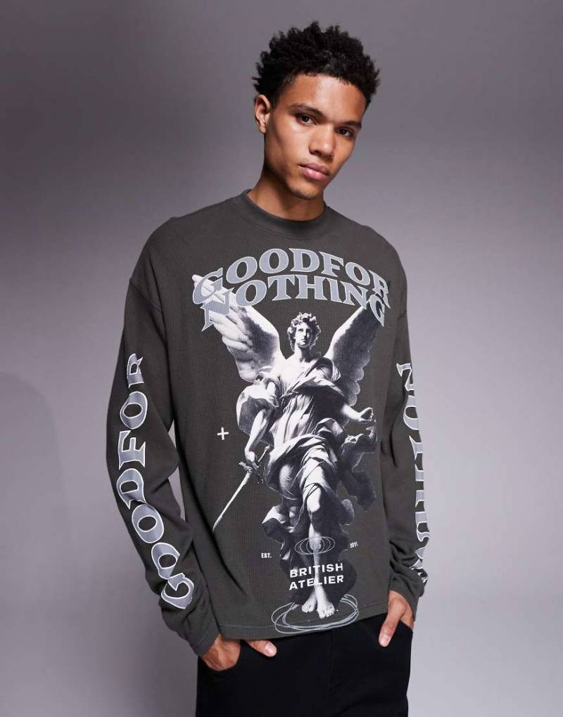 Good For Nothing - Langärmliges T-Shirt in Anthrazit mit Waffelstruktur und mehrfarbigem Print-Bunt von Good For Nothing