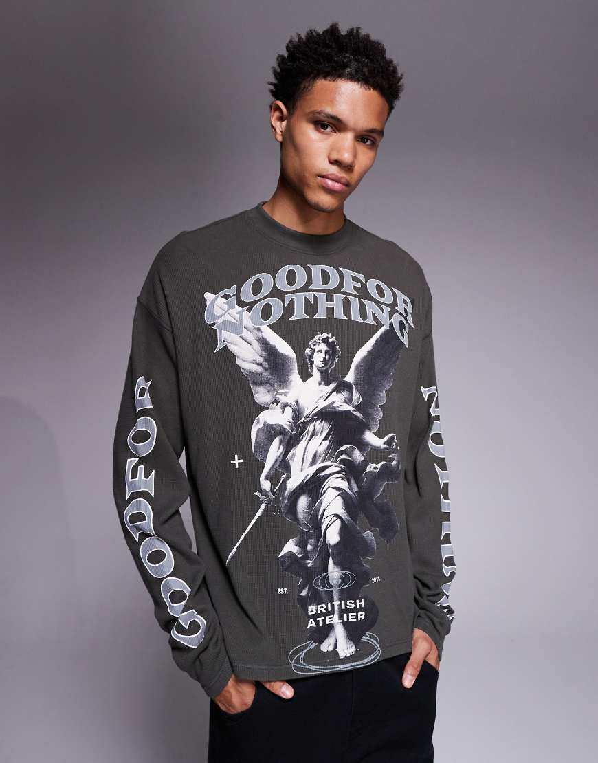 Good For Nothing - Langärmliges T-Shirt in Anthrazit mit Waffelstruktur und mehrfarbigem Print-Bunt von Good For Nothing