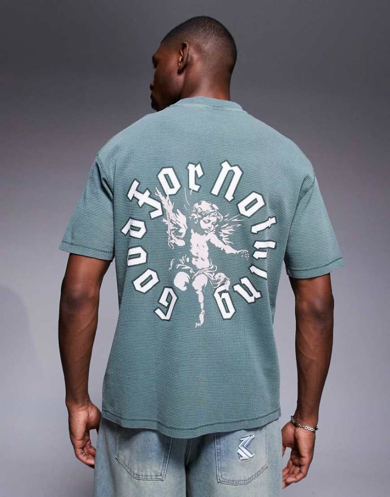 Good For Nothing - Locker geschnittenes T-Shirt in Khaki mit Waffelstruktur, Brust- und Rückenprint-Schwarz von Good For Nothing