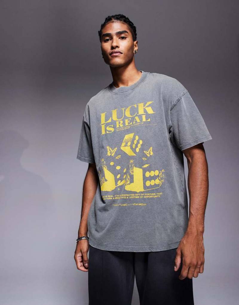 Good For Nothing - Oversize-T-Shirt in verwaschenem Grau mit „Luck"-Print von Good For Nothing