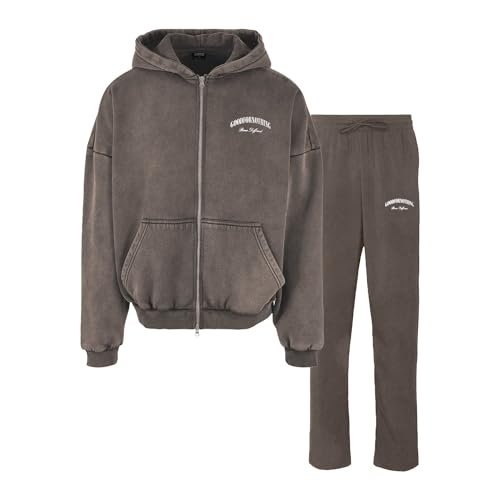 Good For Nothing Shadok Herren-Trainingsanzug, Übergröße, gefärbter Kapuzenpullover und Jogginghose, khaki, L von Good For Nothing