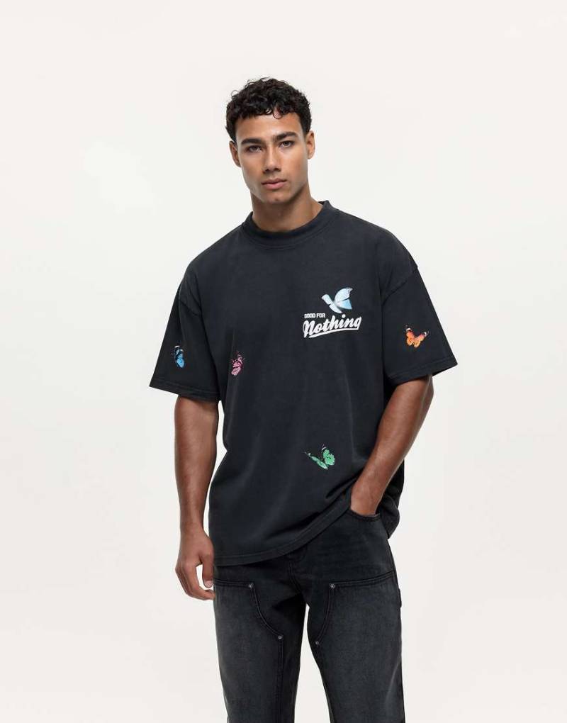 Good For Nothing - T-Shirt in verwaschenem Schwarz mit Schmetterlingsprint von Good For Nothing