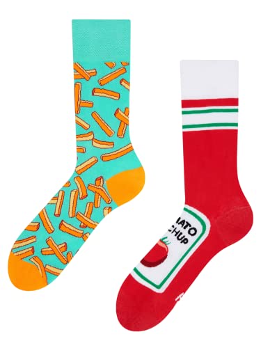 Dedoles Socken Regular normale Höhe Unisex Damen Herren Baumwolle viele lustige Designs Weihnachtssocken 1 Paar, Farbe Rot, Motiv Pommes mit Ketchup, Gr. 43-46 von Dedoles