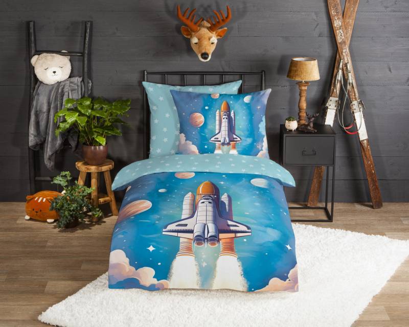 good morning Kinderbettwäsche "Fred" 2 Stk. tlg. Flanell Biber, 135x200, Warm, Reißverschluss, Wende, Weltraum, Rakete von Good Morning