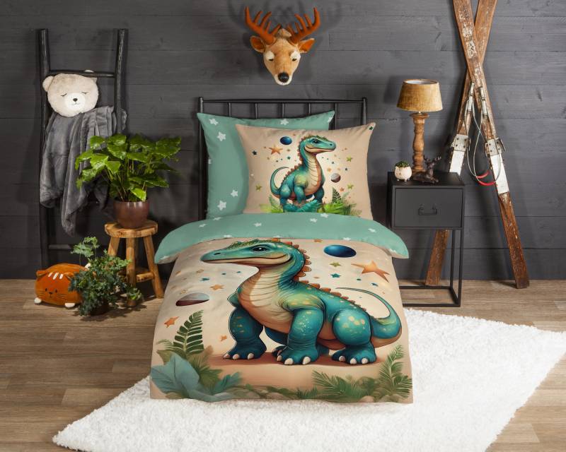 good morning Kinderbettwäsche "Milo" 2 Stk. tlg. Flanell Biber, 135x200, Warm, Reißverschluss, Wende, Kind, Junge, Dino von Good Morning