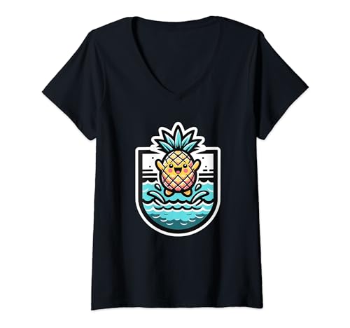 Damen Fröhliche Ananas springt ins Wasser Schwimmbad Sommer T-Shirt mit V-Ausschnitt Damen Fröhliche Ananas springt ins Wasser Schwimmbad Sommer T-Shirt mit V-Ausschnitt von Good Vibes And Summer Feeling Designs