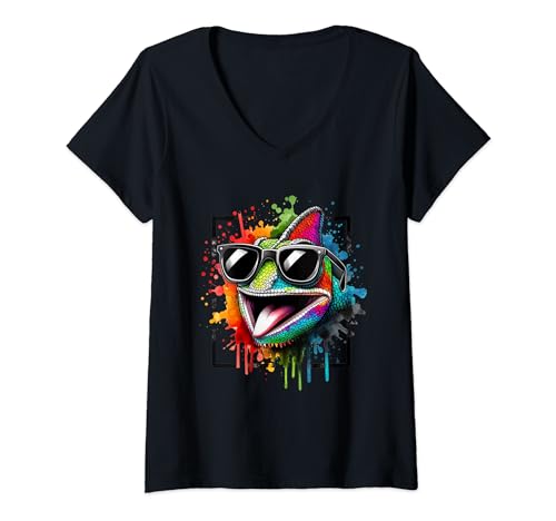 Damen Lustiges Chamäleon mit Sonnenbrille Bunt Party Urbane Kunst T-Shirt mit V-Ausschnitt Damen Lustiges Chamäleon mit Sonnenbrille Bunt Party Urbane Kunst T-Shirt mit V-Ausschnitt von Good Vibes And Summer Feeling Designs