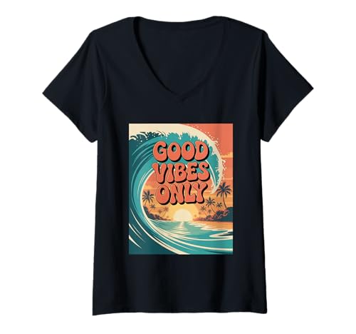 Damen Nur Gute Stimmung T-Shirt mit V-Ausschnitt von Good Vibes Only