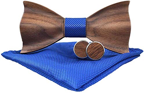 Holzfliege männer holz fliege herren klassische 3d geprägte hölzerne Fliege Set Plaid Quadrat Schal Manschettenknöpfe Lässige Massivholz Umweltschutz Set (Blau) von Good partner