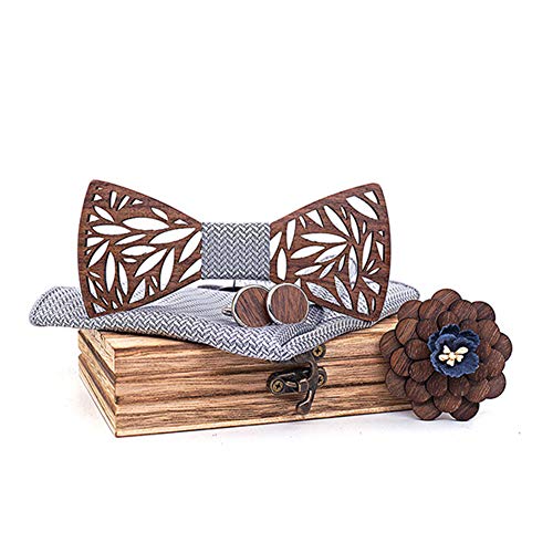 Holzfliege männer holz fliege herren klassische 3d geprägte hölzerne Fliege Set Plaid Quadrat Schal Manschettenknöpfe Lässige Massivholz Umweltschutz Set (C3) von Good partner