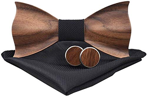 Holzfliege männer holz fliege herren klassische 3d geprägte hölzerne Fliege Set Plaid Quadrat Schal Manschettenknöpfe Lässige Massivholz Umweltschutz Set (Schwarz) von Good partner