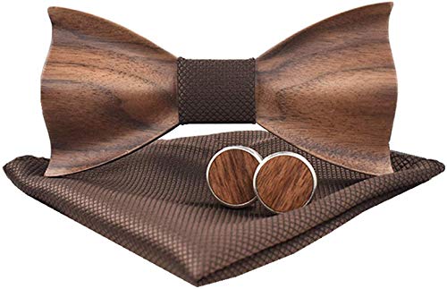 Holzfliege männer holz fliege herren klassische 3d geprägte hölzerne Fliege Set Plaid Quadrat Schal Manschettenknöpfe Lässige Massivholz Umweltschutz Set (Braun) von Good partner