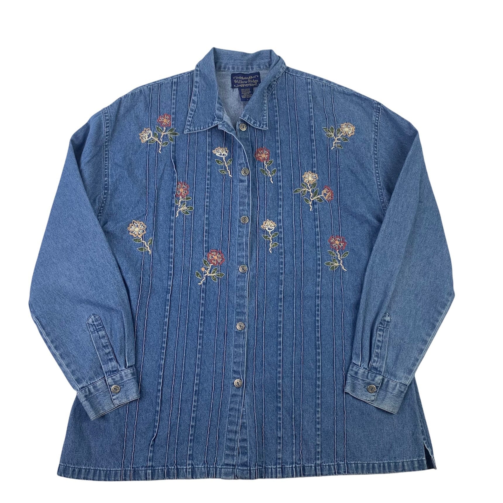 Vintage Damen Blau Jeans Shirt Mit Floral Stickerei Langarm Größe Groß Weidenkamm von GoodGoodsStoreUSA