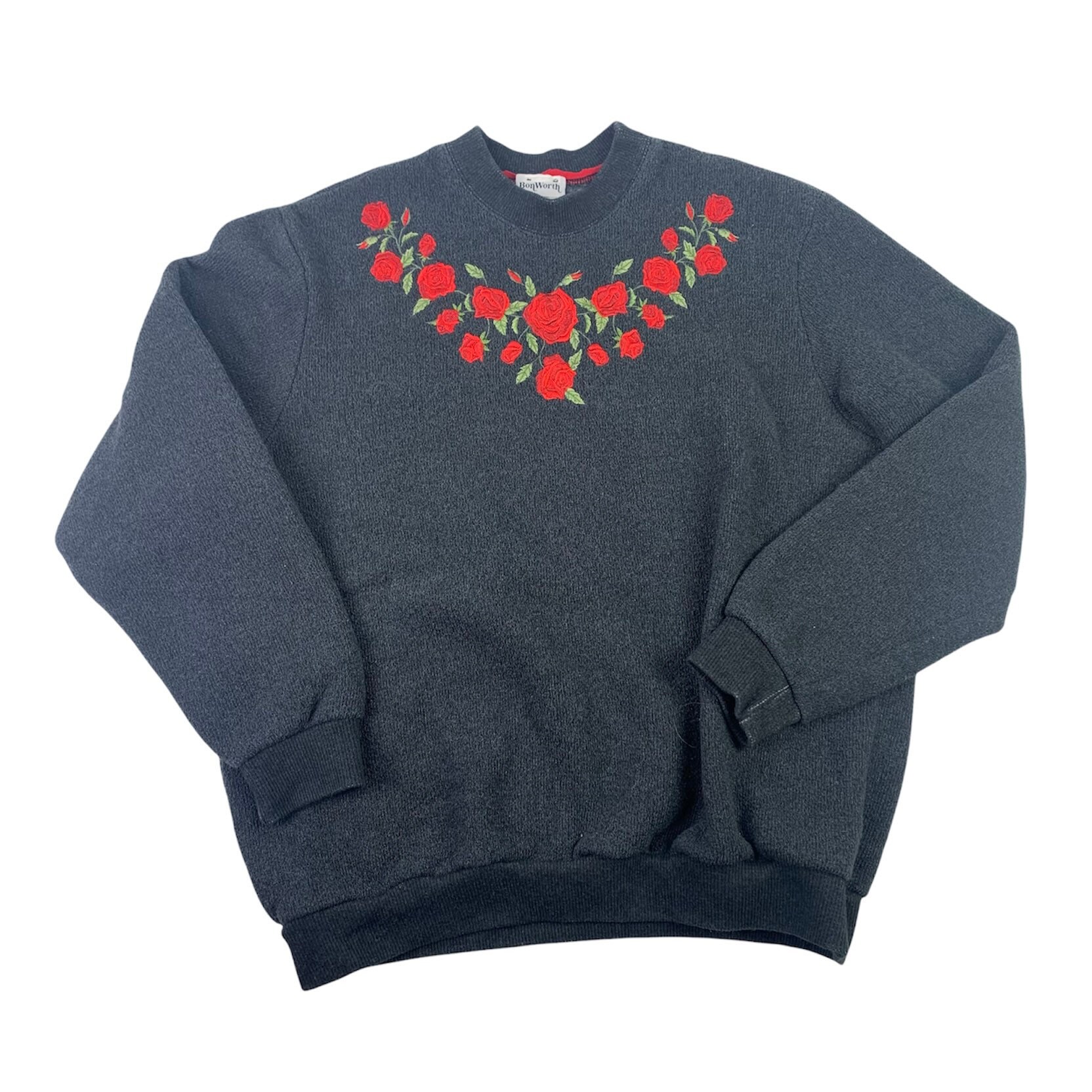 Vintage Grau Sweatshirt Rote Rose Bestickt Mock Rollkragen Gerippt Textur Damen Groß von GoodGoodsStoreUSA
