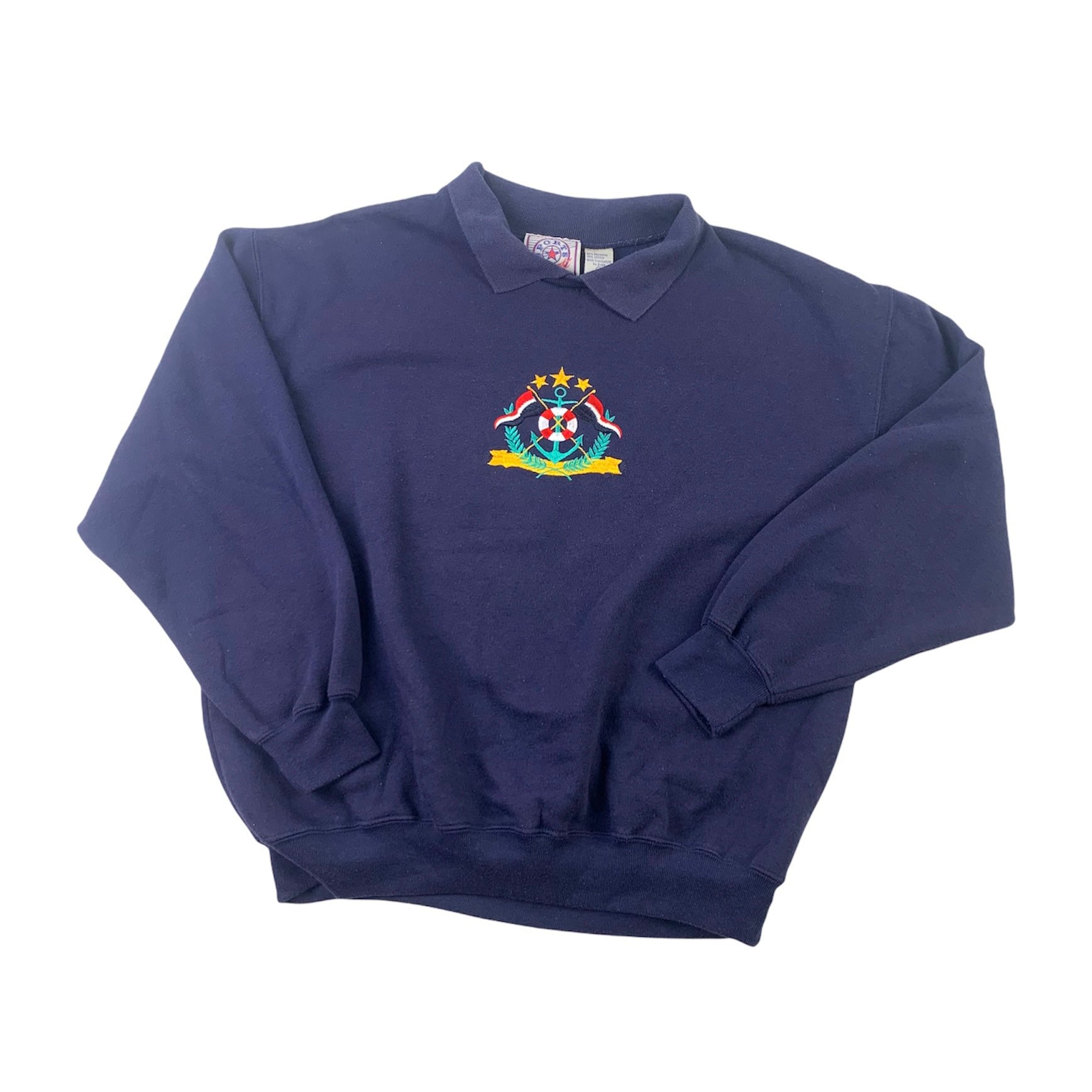 Vintage Kragen Sweatshirt Bestickt Nautik Matrose Marineblau Damen Medium von GoodGoodsStoreUSA