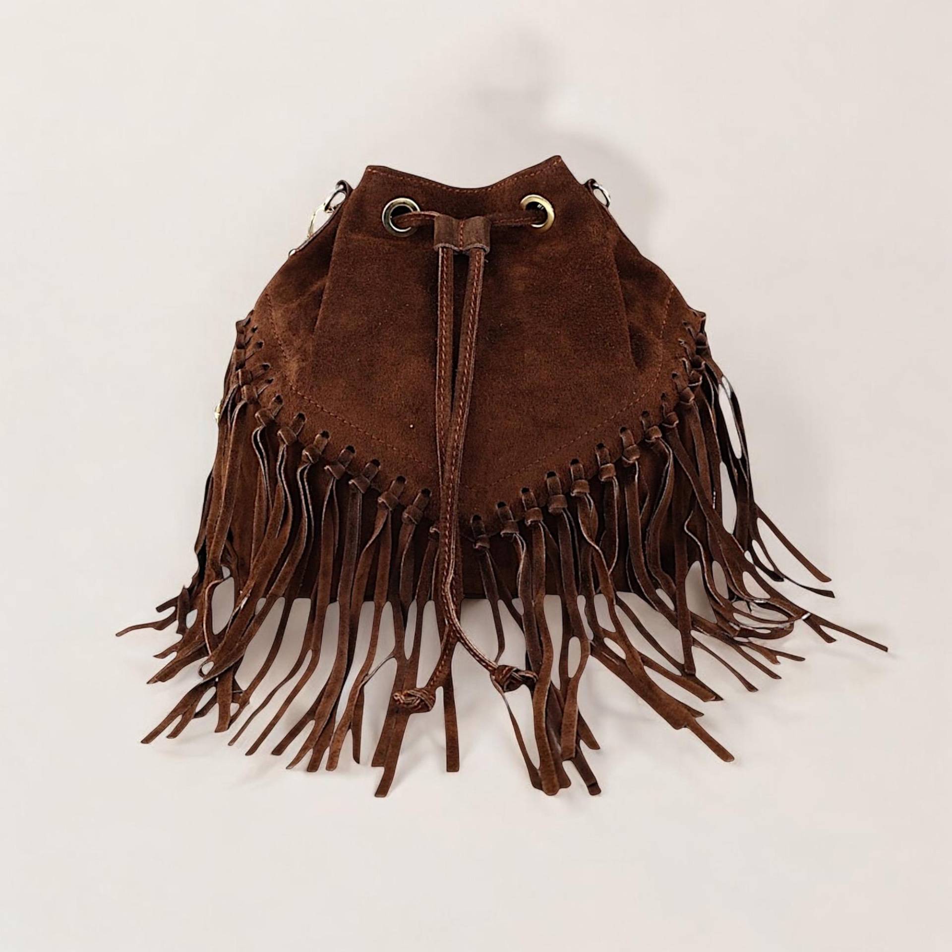 Wildledertasche Mit Fransen, Umhängetasche Damen, Bucket Bag, Fransentasche, Handtasche Wildleder, Slouchy Veloursleder, Crossbody Bag von GoodLeather4You