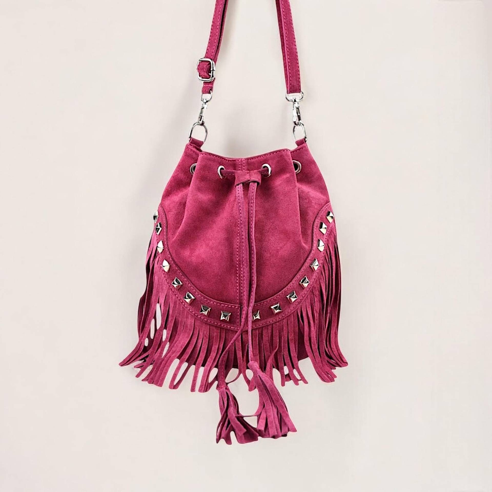 Wildledertasche Mit Fransen, Umhängetasche Damen, Bucket Bag, Fransentasche, Handtasche Wildleder, Slouchy Veloursleder, Crossbody Bag von GoodLeather4You