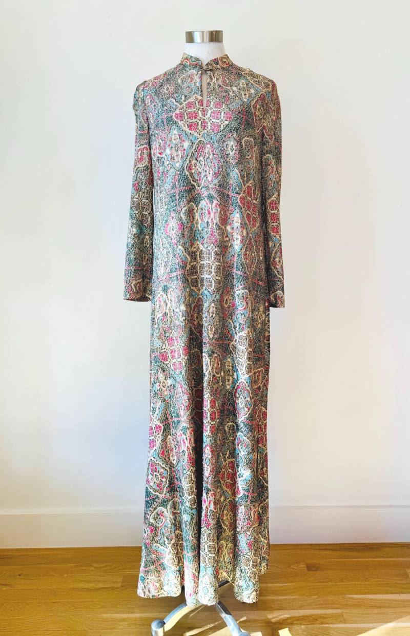 60Er Jahre Adele Simpson Mod Gold Lurex Maxi Caften Kleid von GoodThingsVintage