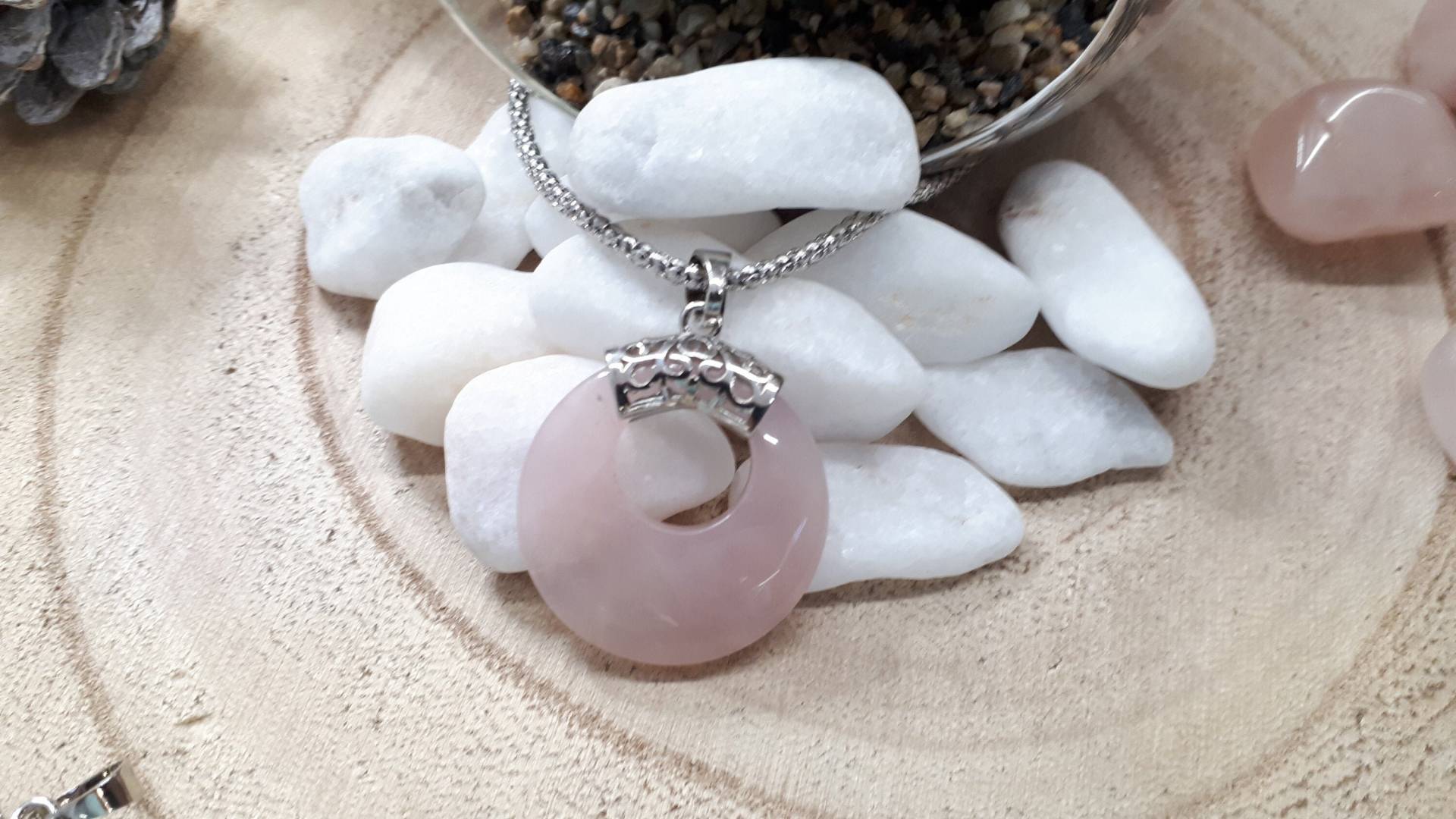 Rosenquarz Donut Anhänger Runder Halskette Schmuck Set Januar Geburtsstein Und Silber Geschenk Für Sie von GoodVibesGiftShop