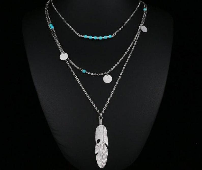 Türkis Set Layered Halskette Und Ohrringe Silber Multistrang Anhänger Charm Geschenk Für Frau von GoodVibesGiftShop