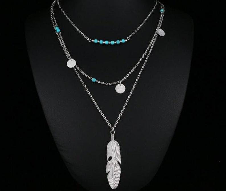 Türkis Set Layered Halskette Und Ohrringe Silber Multistrang Anhänger Charm Geschenk Für Frau von GoodVibesGiftShop