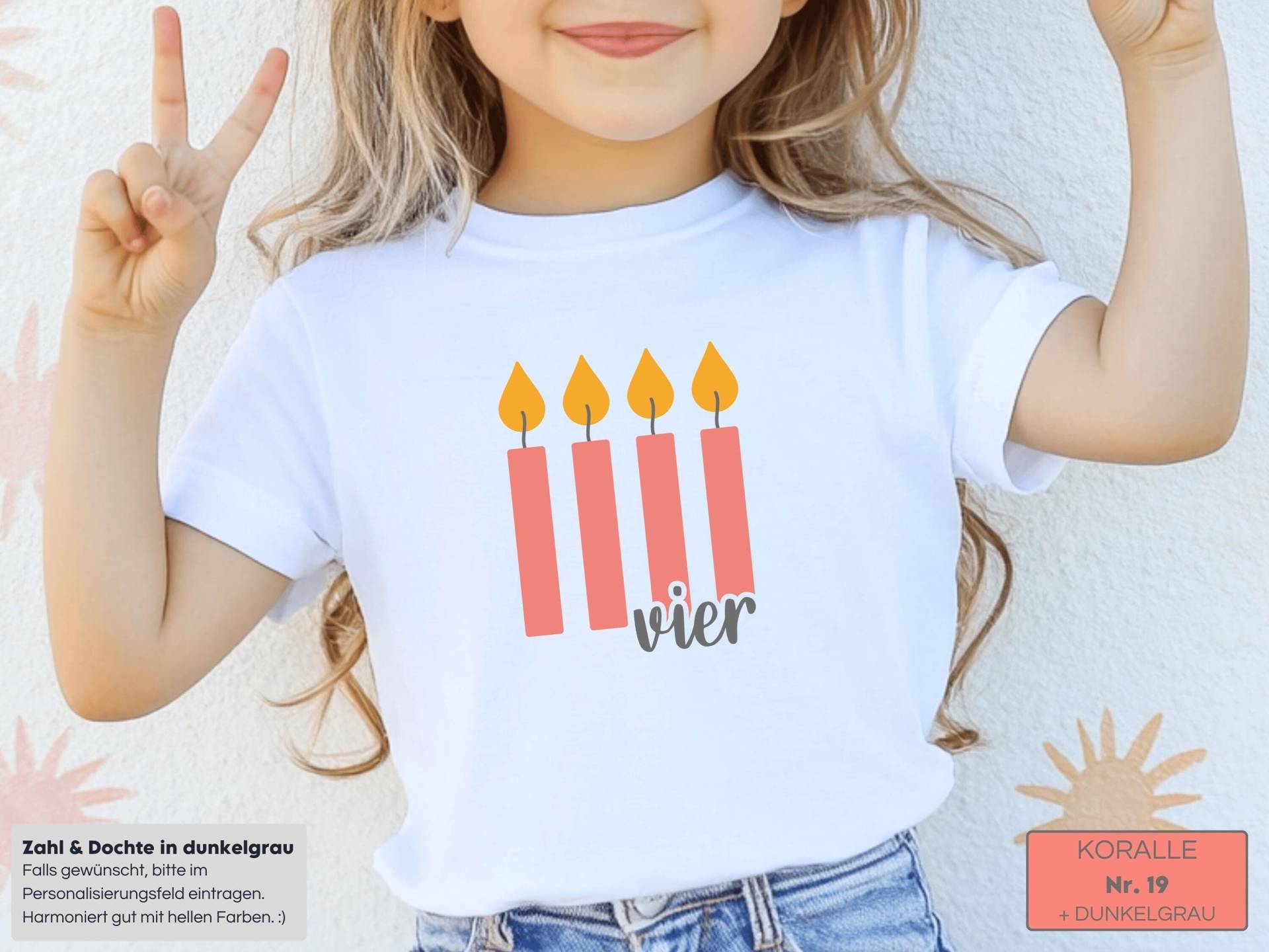 Geburtstagsshirt in Weiß Mit Kerzen Und Alter I Kindergeburtstag Geburtstagsoutfit Langarm/Kurzarm Personalisiert Zahl Zb "Vier" von GoodbyeSocks