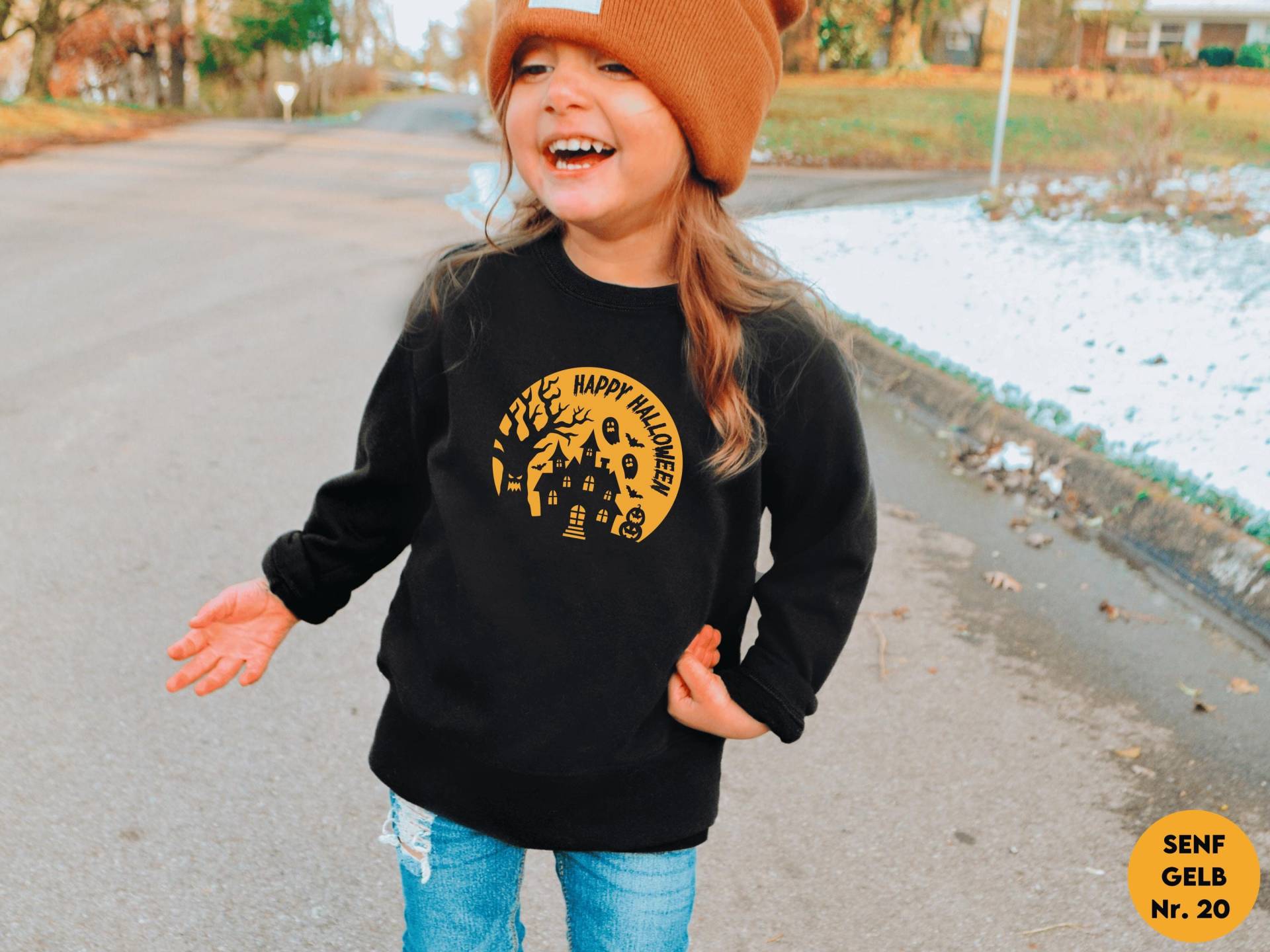 Happy Halloween Kinder Pullover Mit Spukhaus/Geisterhaus I Verschiedene Druckfarben Outfit Ohne Kostüm Partnerlook Familie von GoodbyeSocks