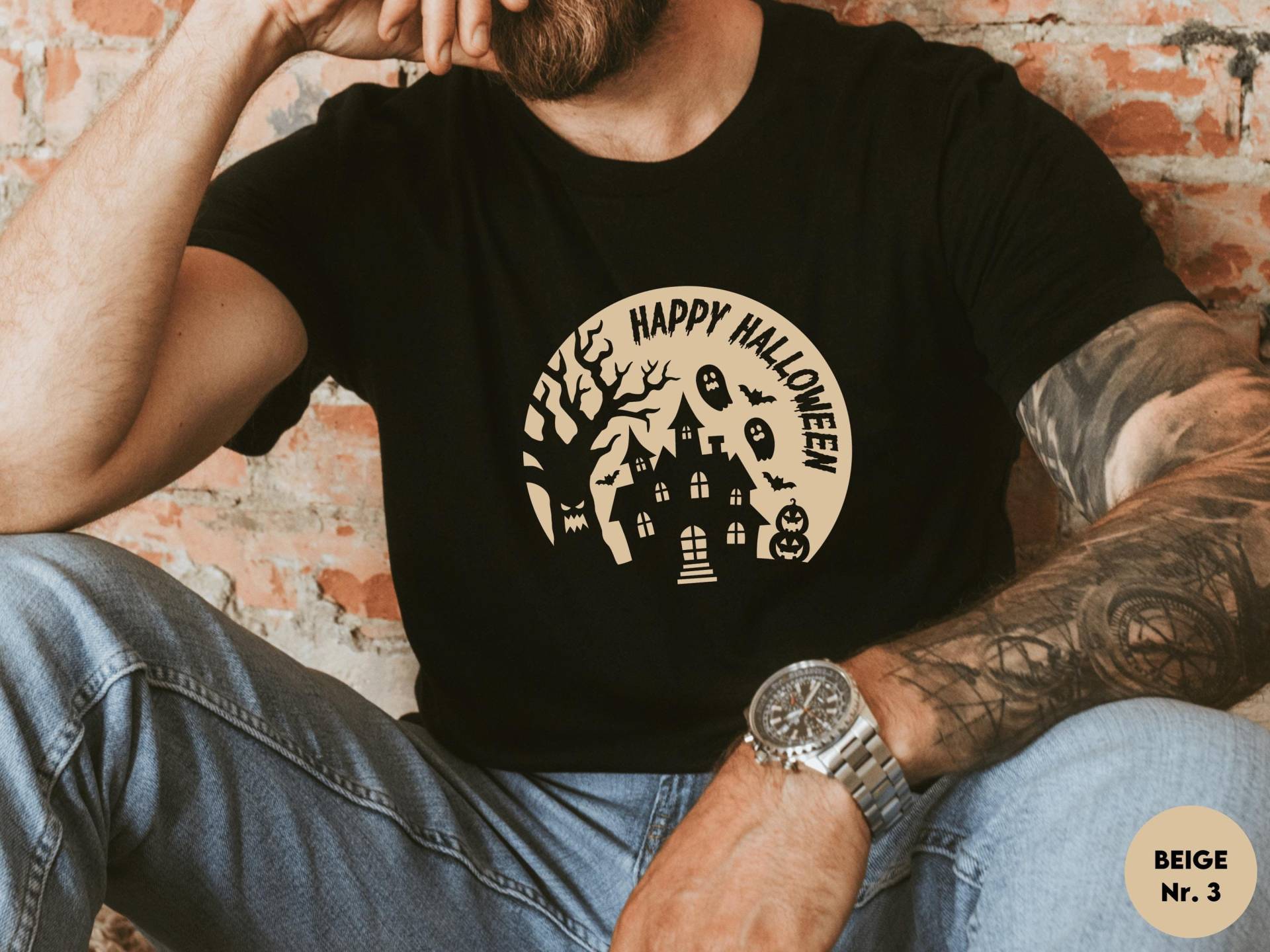 Happy Halloween T-Shirt Oder Sweatshirt Schwarz I Verschiedene Druckfarben Damen Und Unisex Spukhaus Geister Kürbis Fledermaus von GoodbyeSocks