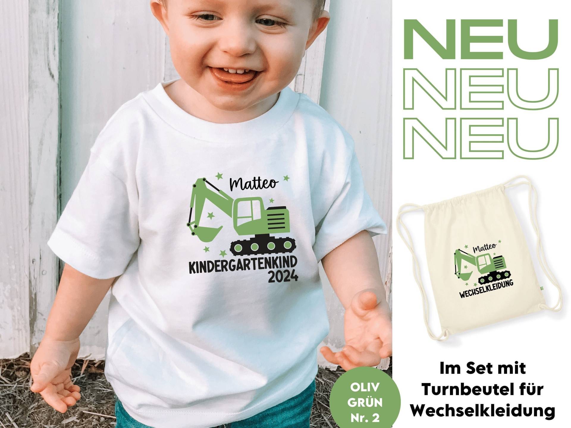 Kindergartenkind 2024/Wechselkleidung Set Mit T-Shirt Und Turnbeutel Tollem Bagger Design I Personalisiert Name Wunschtext Kindergartenkind 2024/Wechselkleidung Set Mit T-Shirt Und Turnbeutel Tollem Bagger Design I Personalisiert Name Wunschtext von GoodbyeSocks