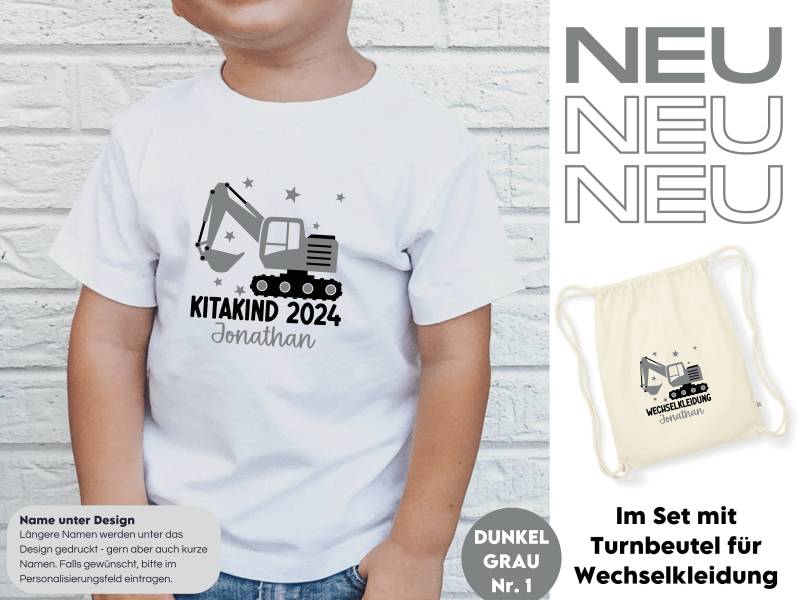 Kindergartenkind 2024 Weißes T-Shirt Mit Bagger I Personalisiert Name Und Wunschtext Optional Im Set Turnbeutel Für Wechselkleidung von GoodbyeSocks