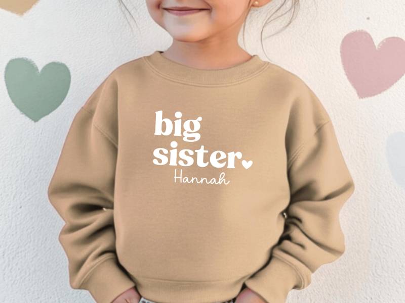 Pullover "Big Sister" Oder Wunschtext in Beige Mit Herz I Wähle Aus 3 Druckfarben Zu Geschwister Outfit Kombinierbar Verkündung 2. Kind von GoodbyeSocks